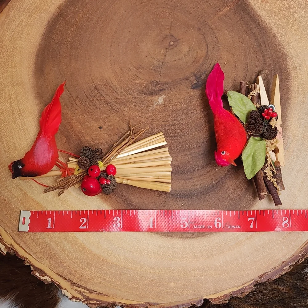 Set of 2 Vintage Feathered Bird Ornaments Holiday Wreath Decor
